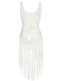 Outlet Retro Stage 1950s Knitted Tassel Hollow Cover-Up White