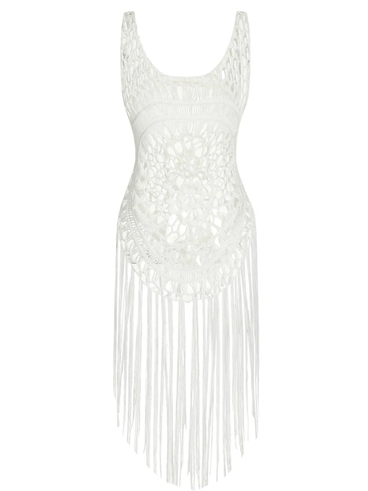 Outlet Retro Stage 1950s Knitted Tassel Hollow Cover-Up White
