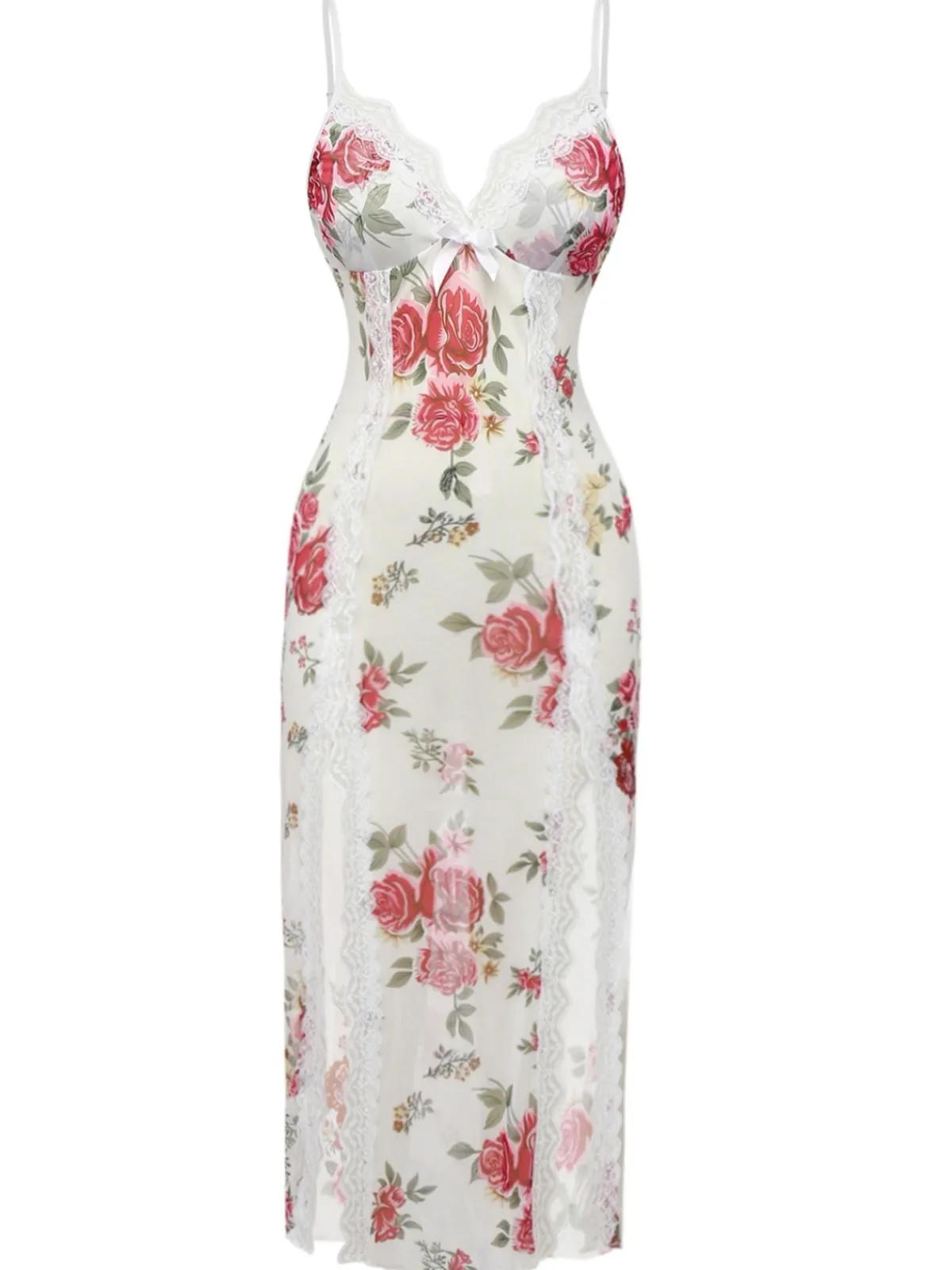 Best Retro Stage 1930s Lace Floral Mesh Spaghetti Straps Nightgown White