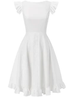 Fashion Retro Stage 1950s Lace Patchwork Solid Dress White