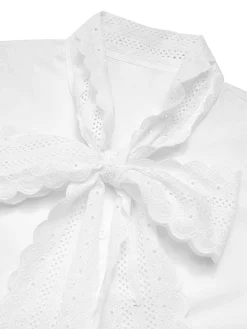 Discount Retro Stage 1950s Lace Tie Neck Solid Blouse White