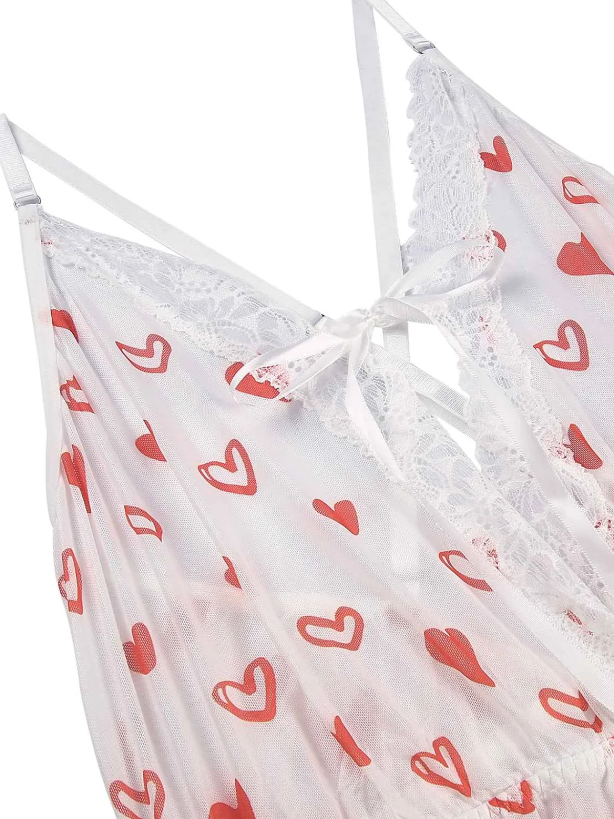 Best Retro Stage 1970s Lace Trim Heart Print One-Piece Sleepwear White
