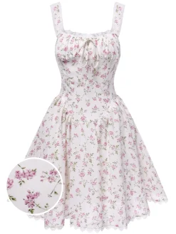 New Retro Stage 1940s Lace Trim Small Floral Dress White
