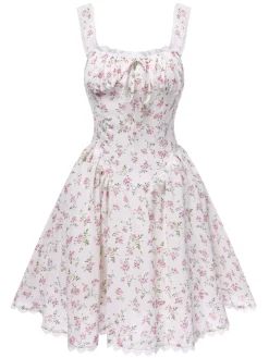 New Retro Stage 1940s Lace Trim Small Floral Dress White