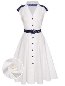 Best Retro Stage 1940s Lapel Polka Dots Patchwork Dress White