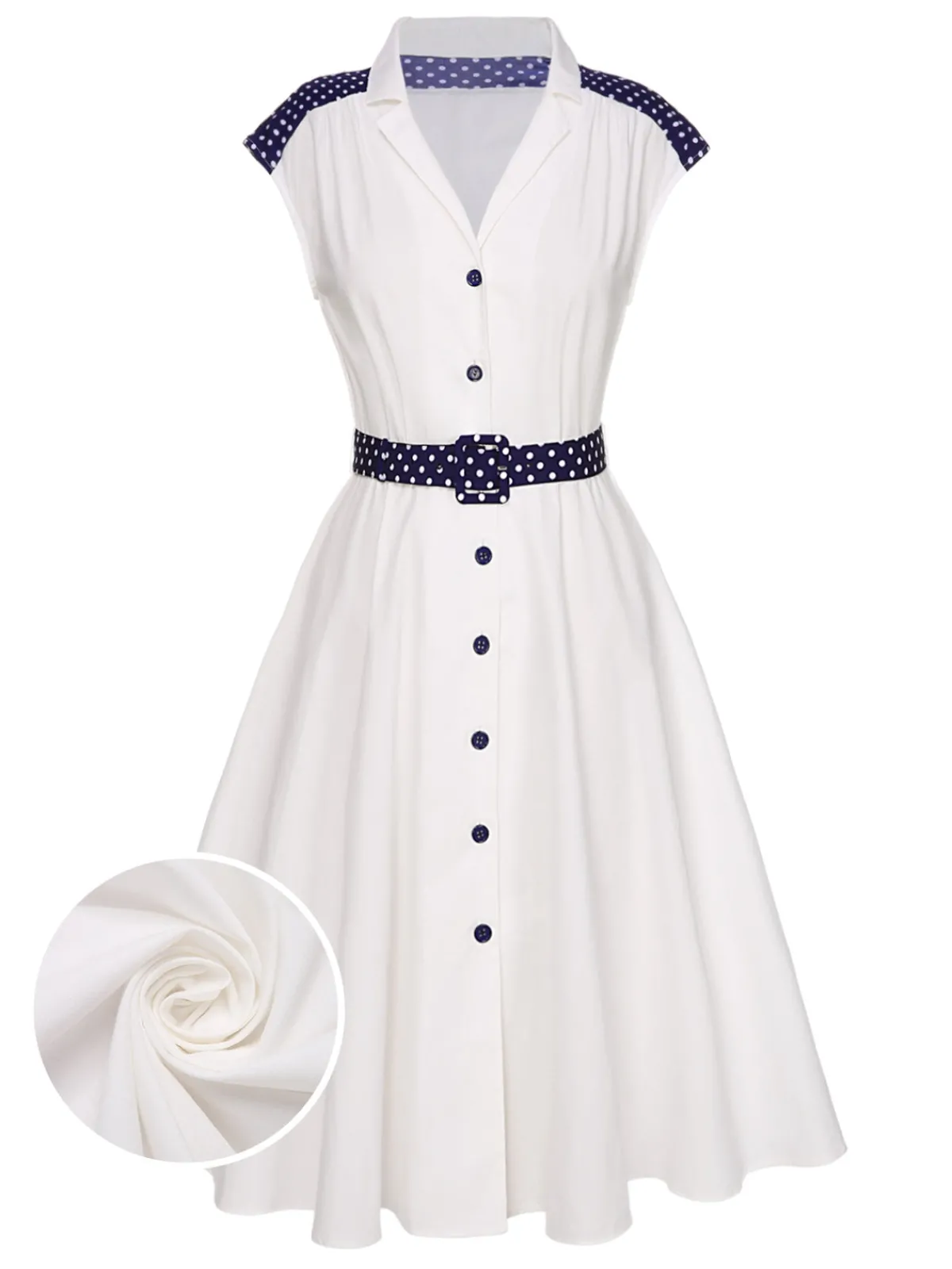 Best Retro Stage 1940s Lapel Polka Dots Patchwork Dress White