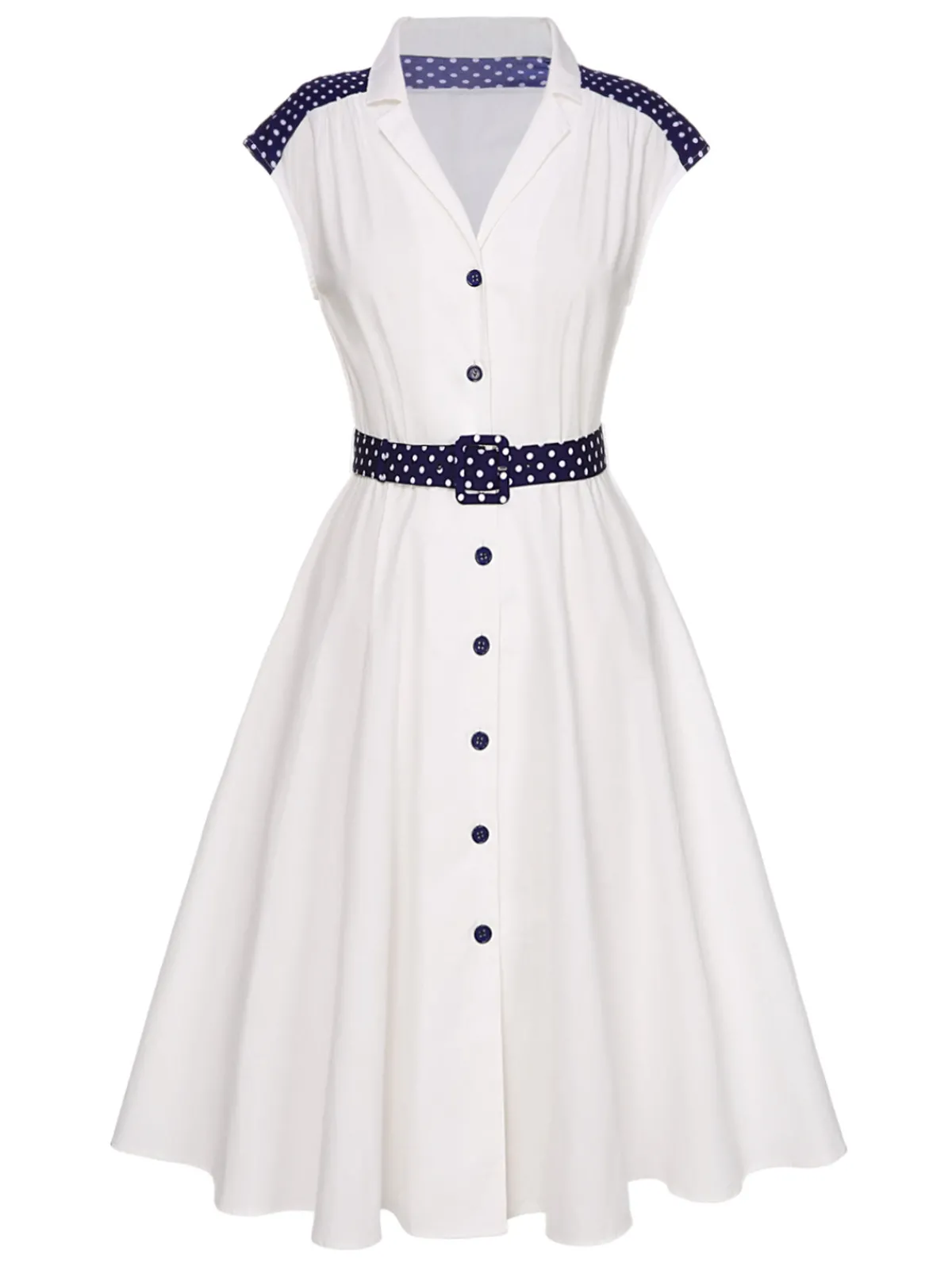 Best Retro Stage 1940s Lapel Polka Dots Patchwork Dress White