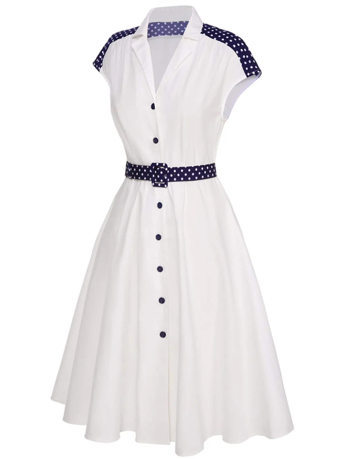 Best Retro Stage 1940s Lapel Polka Dots Patchwork Dress White