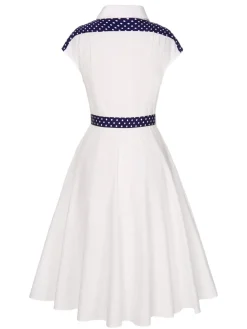 Best Retro Stage 1940s Lapel Polka Dots Patchwork Dress White