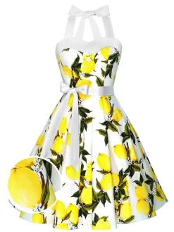 Sale Retro Stage 1950s Lemon Halter Swing Dress White