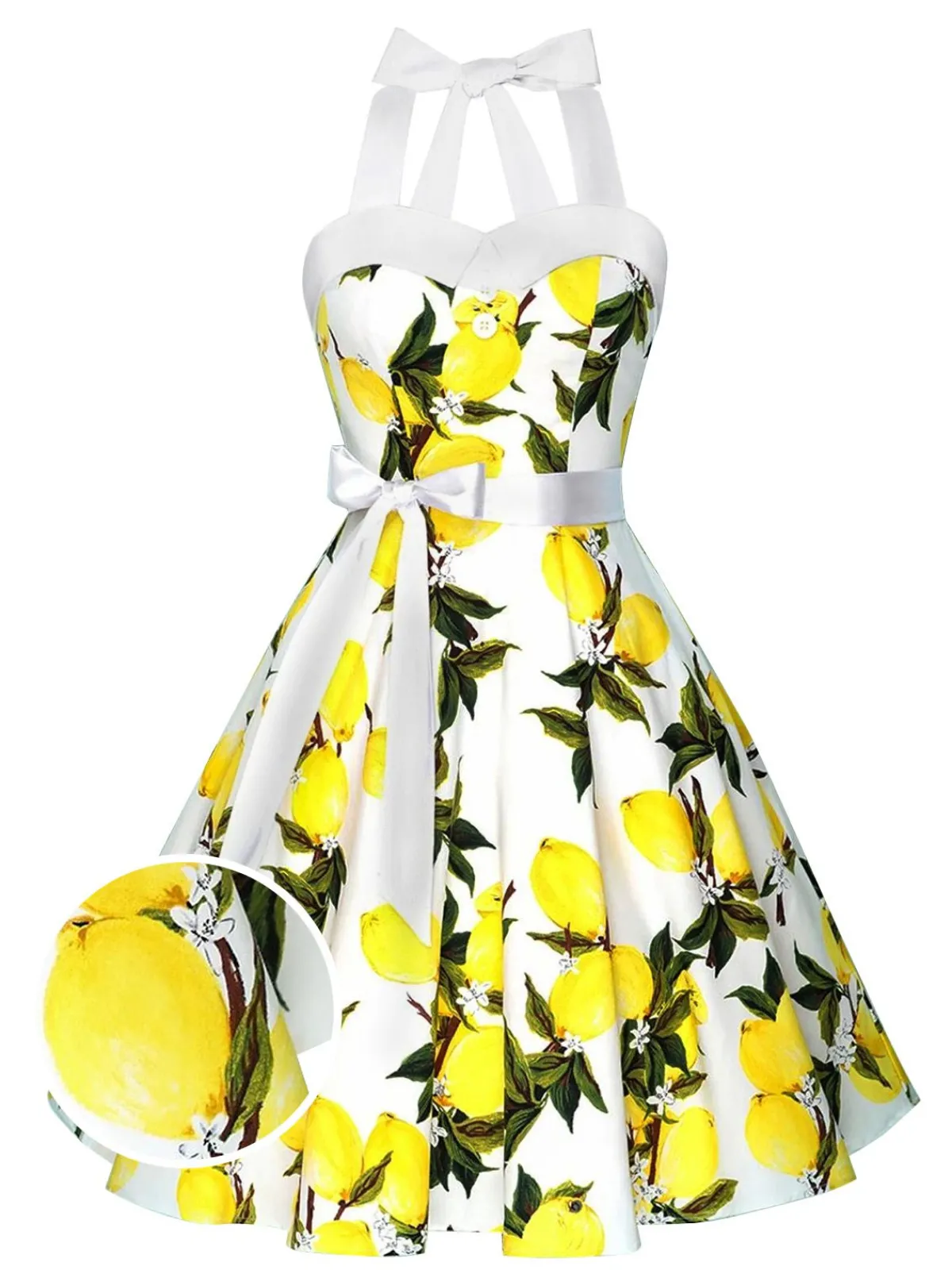 Sale Retro Stage 1950s Lemon Halter Swing Dress White