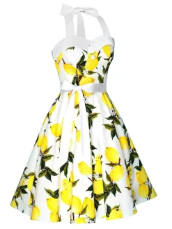 Sale Retro Stage 1950s Lemon Halter Swing Dress White