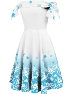 Best Retro Stage 1950s Off Shoulder Snowflake Dress White