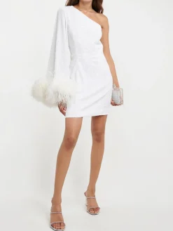 Sale Retro Stage 1930s One Shoulder Asymmetric Raw Edge Dress White