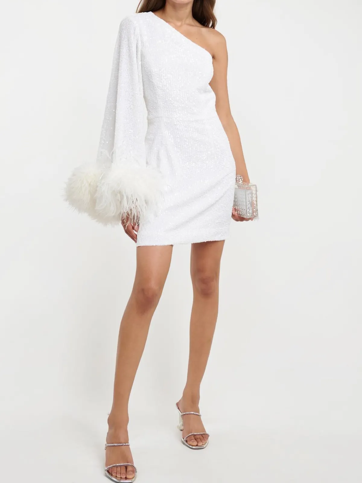 Sale Retro Stage 1930s One Shoulder Asymmetric Raw Edge Dress White
