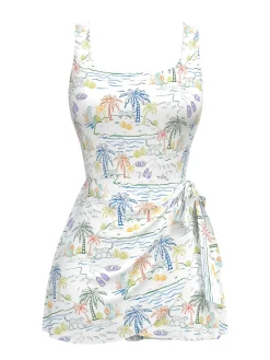 Discount Retro Stage 1940s Plant Print Square Neck Swimdress White