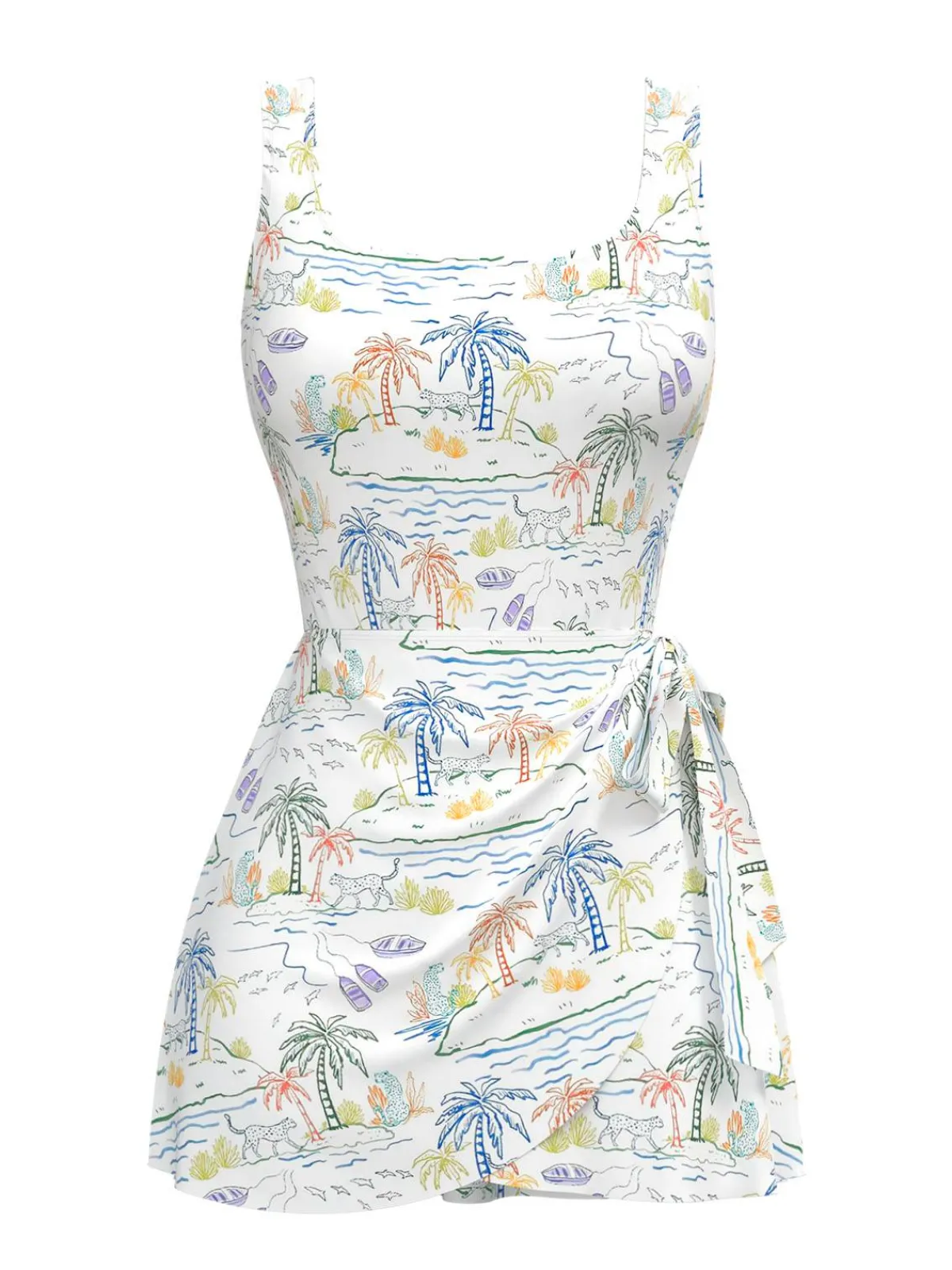 Discount Retro Stage 1940s Plant Print Square Neck Swimdress White