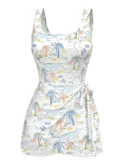 Discount Retro Stage 1940s Plant Print Square Neck Swimdress White