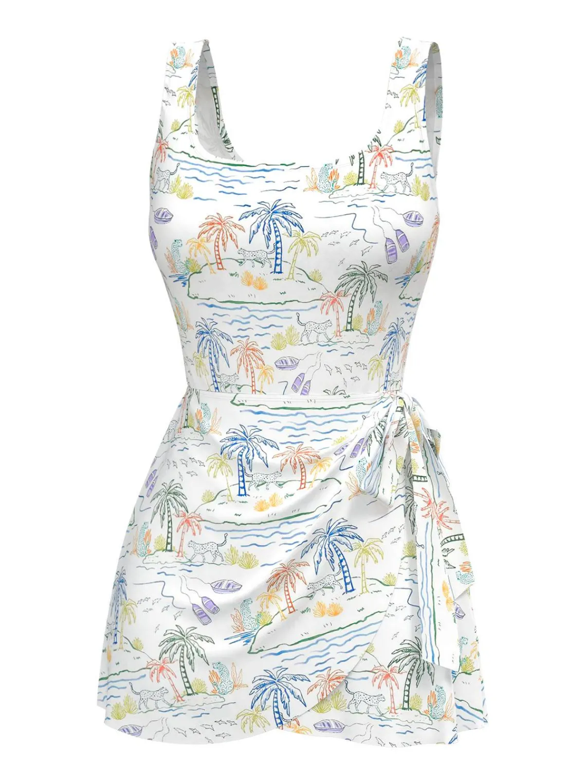 Discount Retro Stage 1940s Plant Print Square Neck Swimdress White