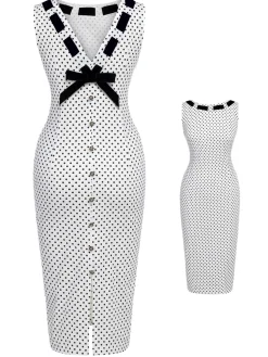 Hot Retro Stage 1960s Polka Dot Button Pencil Dress White