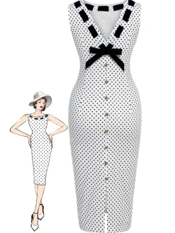 Hot Retro Stage 1960s Polka Dot Button Pencil Dress White