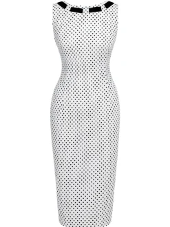 Hot Retro Stage 1960s Polka Dot Button Pencil Dress White
