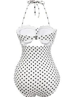 Fashion Retro Stage 1940s Polka Dot Lace Up Halter Swimsuit White