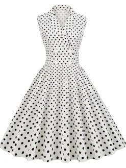 Discount Retro Stage 1950s Polka Dot Lapel Swing Dress White