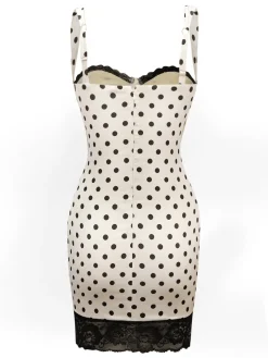 Fashion Retro Stage 1960s Polka Dots Lace Patchwork Bodycon Dress White