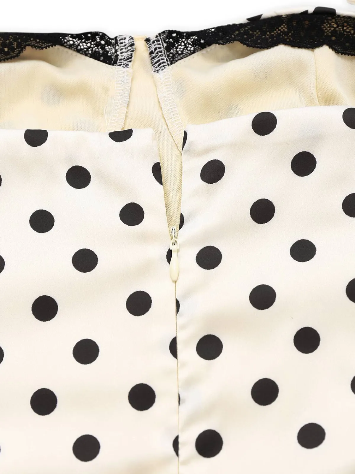 Fashion Retro Stage 1960s Polka Dots Lace Patchwork Bodycon Dress White