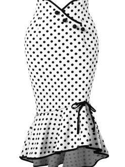 Clearance Retro Stage 1940s Polka Dots Mermaid Skirt White