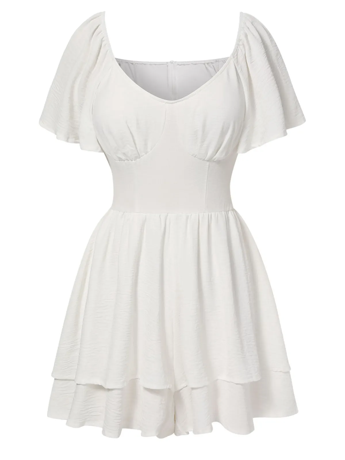 Discount Retro Stage 1950s Puff Sleeve Layered Hem Romper White
