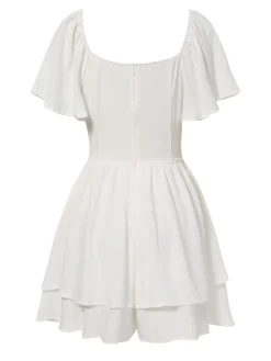 Discount Retro Stage 1950s Puff Sleeve Layered Hem Romper White