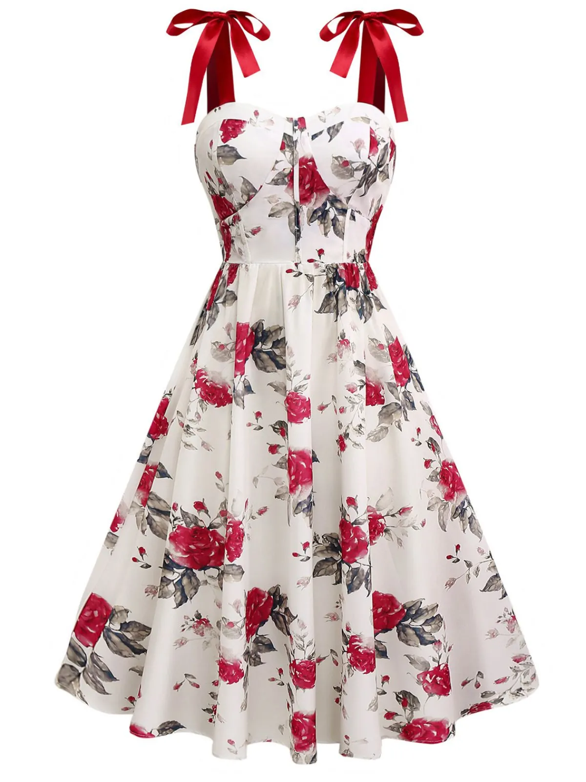 Sale Retro Stage 1950s Rose Print Lace-Up A-Line Dress White