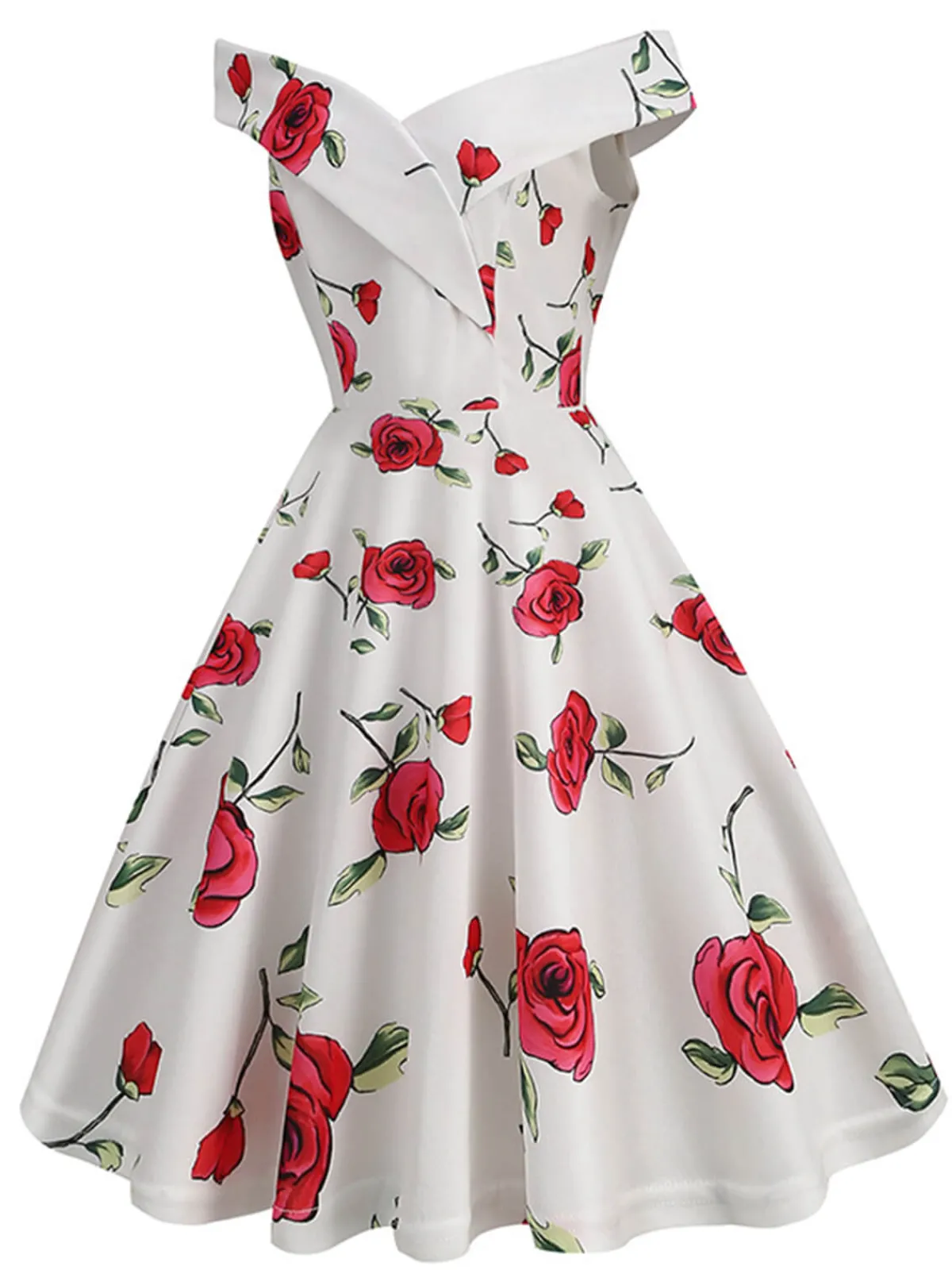 Fashion Retro Stage 1950s Roses Off-Shoulder Dress White