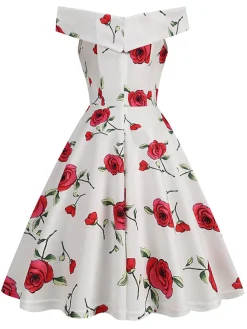 Fashion Retro Stage 1950s Roses Off-Shoulder Dress White