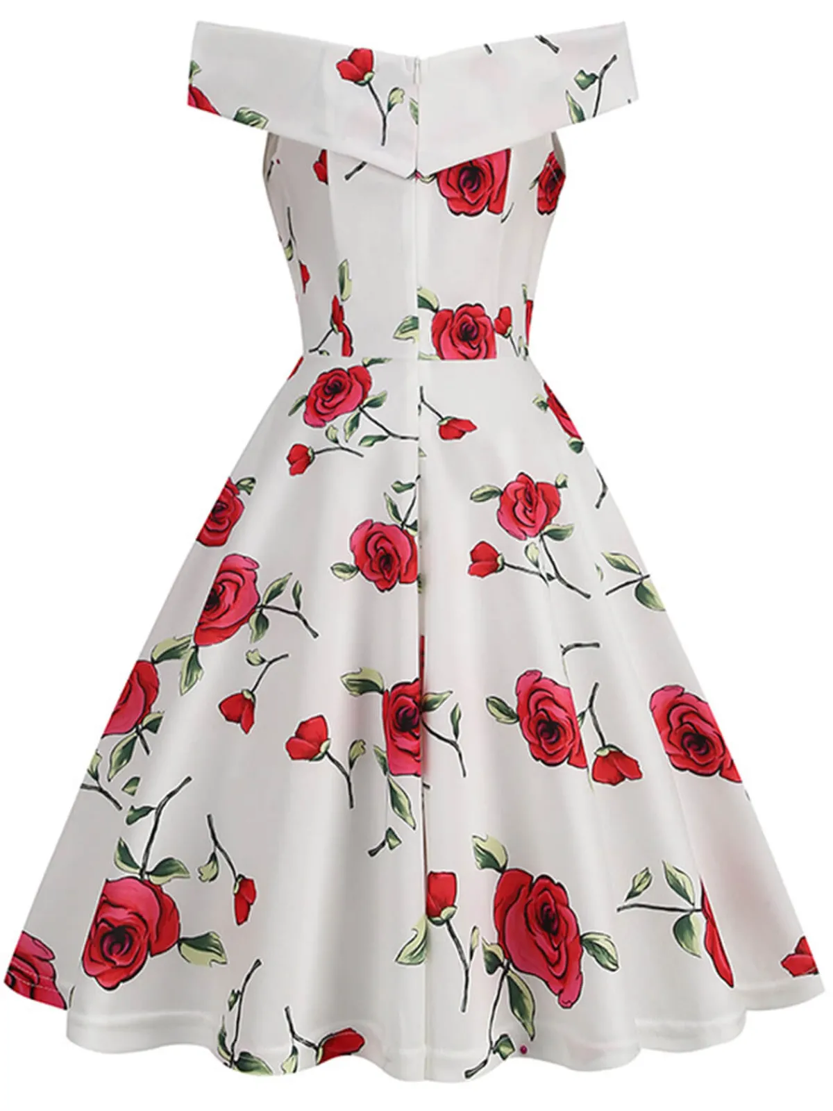 Fashion Retro Stage 1950s Roses Off-Shoulder Dress White