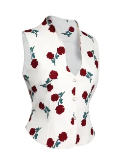 Clearance Retro Stage 1950s Roses Vintage Sleeveless Top White