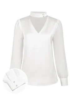 Discount Retro Stage White 1940s Round Neck Satin Puff Sleeve Blouse