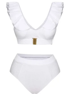 Clearance Retro Stage 1950s Ruffles Solid Swimsuit White
