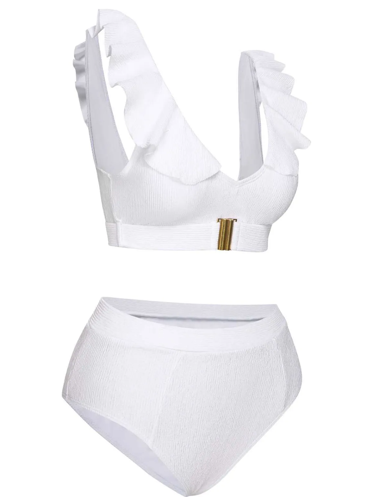 Clearance Retro Stage 1950s Ruffles Solid Swimsuit White