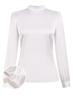 Discount Retro Stage 1970s Satin High Neck Solid Blouse White
