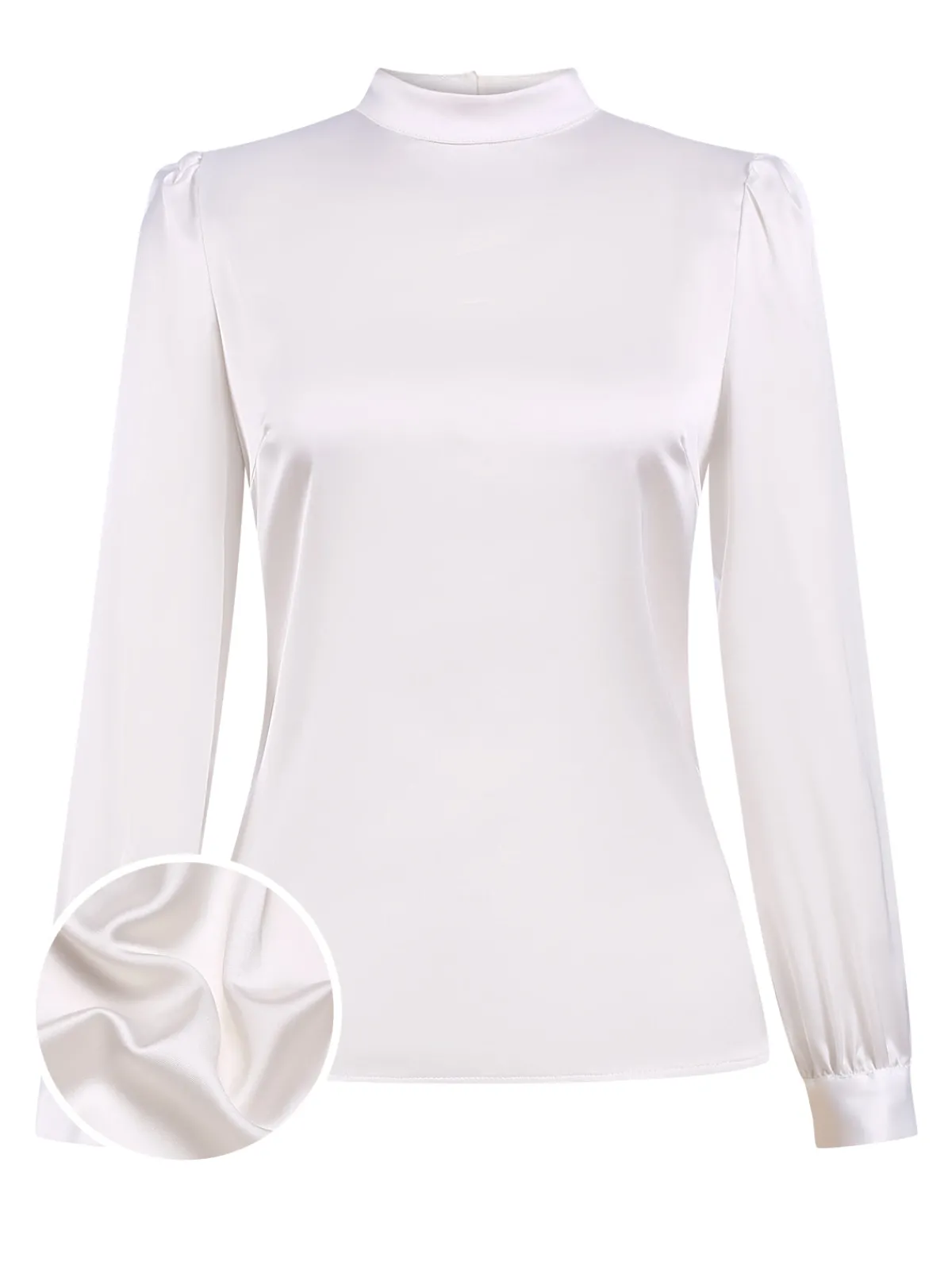 Discount Retro Stage 1970s Satin High Neck Solid Blouse White