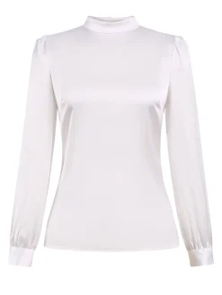Discount Retro Stage 1970s Satin High Neck Solid Blouse White