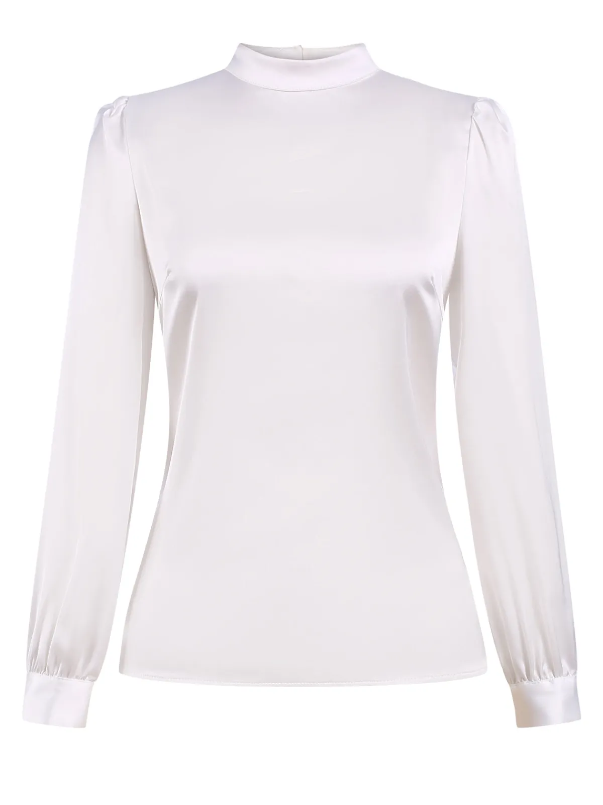 Discount Retro Stage 1970s Satin High Neck Solid Blouse White