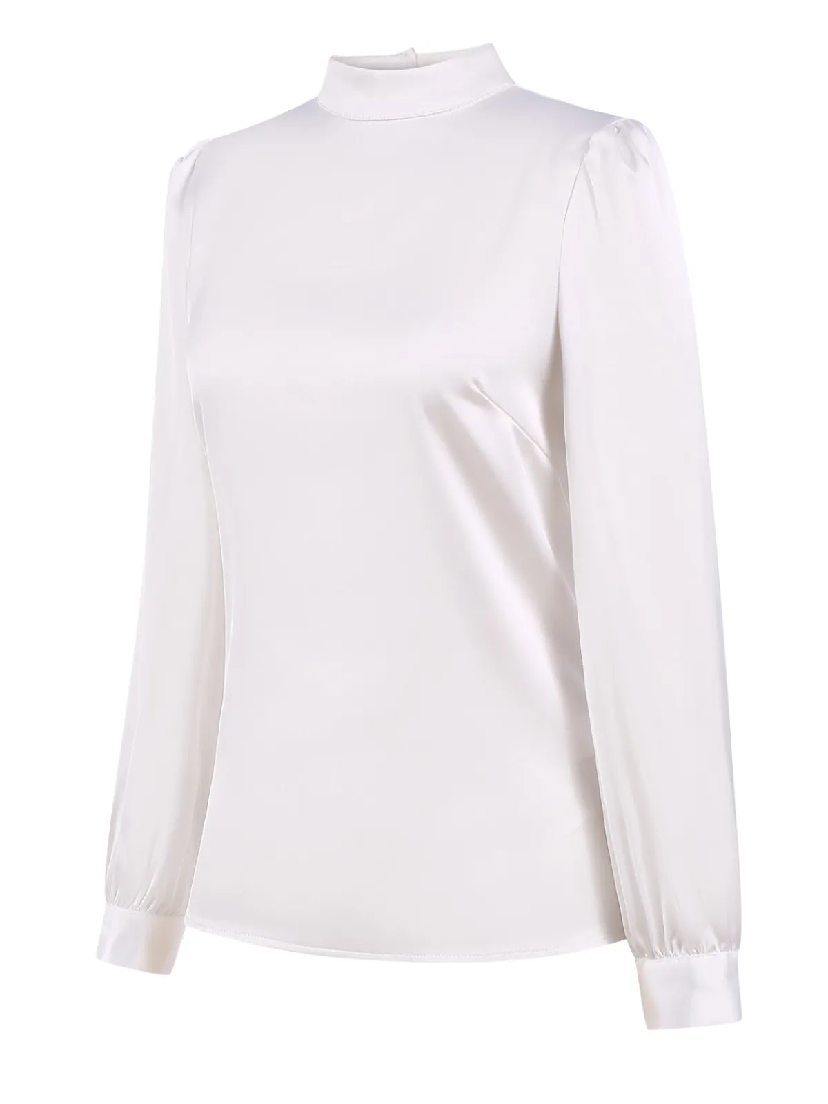 Discount Retro Stage 1970s Satin High Neck Solid Blouse White