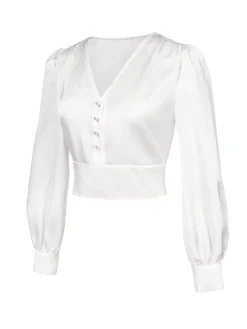 Discount Retro Stage 1940s Satin V-Neck Lantern Sleeves Blouse White