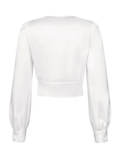 Discount Retro Stage 1940s Satin V-Neck Lantern Sleeves Blouse White