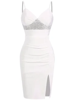 Sale Retro Stage 1960s Sequins Splicing Slit Dress White