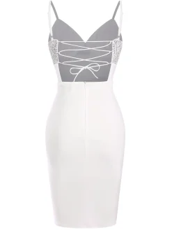 Sale Retro Stage 1960s Sequins Splicing Slit Dress White